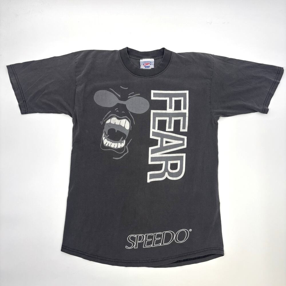 Vintage Speedo T Shirt Large Black Big Graphic Single Stitch 90s 80s Faded
